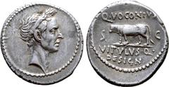 Roman Imperatorial Julius Caesar AR Denarius. Posthumous Issue. Rome, 40 BC. Q. Voconius Vitulus, moneyer. Laureate head to right / Bull-calf walking to left; Q•VOCONIVS above, VITVLVS•Q• DESIGN in tw
