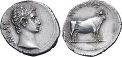 Roman Imperial Augustus AR Denarius. Samos or Pergamum(?), 21-20 BC. CAESAR, bare head to right / AVGVSTVS, bull standing to right. RIC I 475 (Samos?); BMCRE 663 (uncertain mint in the East); RSC 28; 