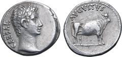 Roman Imperial Augustus AR Denarius. Samos or Pergamum(?), 21-20 BC. CAESAR, bare head to right / AVGVSTVS, bull standing to right. RIC I 475 (Samos?); BMCRE 663 (uncertain mint in the East); RSC 28; 