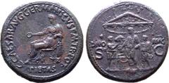 Roman Imperial Caligula Æ Sestertius. Rome, AD 37-38. C•CAESAR•AVG•GERMANICVS•P•M TR•POT, Pietas seated to left, holding patera and resting arm on small draped standing figure; PIETAS in exergue / Cal