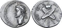 Roman Imperial Nero Claudius Drusus (father of Claudius) AR Denarius. Rome, AD 41-45. NERO CLAVDIVS DRVSVS GE[RMANICVS IMP], laureate head to left / DE GERMANIS, two oblong shields crossed, over vexil