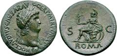 Roman Imperial Nero Æ Sestertius. Rome, AD 65. NERO CLAVDIVS CAESAR AVG GER P M TR P IMP P P, laureate bust to right, slight drapery on far shoulder / Roma, helmeted and draped, seated to left on cuir