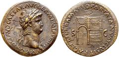 Roman Imperial Nero Æ Sestertius. Rome, AD 67. IMP NERO CLAVD CAESAR AVG GERM P M TR P XIII P P, laureate head to right, aegis on far shoulder / PACE P R TERRA MARIQ PARTA IANVM CLVSIT, view of the Te