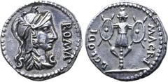 Roman Imperial Clodius Macer AR Denarius. Carthage(?), April - October(?) AD 68. Helmeted head of Roma to right; ROMA before, S-C across fields / L CLODI MACRI, trophy. RIC I 31 var. (SC below); BMCRE