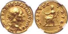 Roman Imperial Vespasian AV Aureus. Rome, AD 70. IMP CAESAR VESPASIANVS AVG, laureate head to right / COS ITER TR POT, Pax seated to left, holding olive branch and winged caduceus. RIC II.1 28; C. -; 