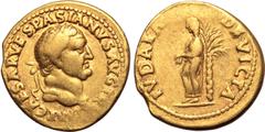Roman Imperial Vespasian AV Aureus. Lugdunum, AD 71. IMP CAESAR VESPASIANVS AVG TR P, laureate head to right / IVDAEA DEVICTA, Judaea, with hands tied together, standing to left against palm-tree. RIC