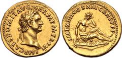 Roman Imperial Domitian AV Aureus. Rome, AD 87. IMP CAES DOMIT AVG GERM P M TR P VI, laureate head to right / IMP XIIII COS XIII CENS P P P, female German captive seated on shield to right in attitude