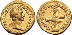 Roman Imperial Nerva AV Aureus. Rome, AD 96. IMP NERVA CAES AVG P M TR P COS II P P, laureate head to right / CONCORDIA EXERCITVVM, clasped hands before aquila resting on prow. RIC II 3; C. 24; BMCRE 