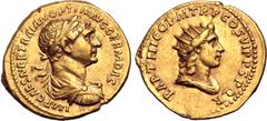 Roman Imperial Trajan AV Aureus. Rome, AD 116-117. IMP CAES NER TRAIAN OPTIM AVG GERM DAC, laureate, draped and cuirassed bust to right / PARTHICO P M TR P COS VI P P S P Q R, radiate and draped bust 