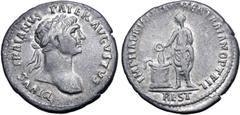 Roman Imperial Divus Trajan AR Denarius. Antioch, AD 118. DIVVS TRAIANVS PATER AVGVSTVS, laureate bust to right / IMP HADRIA[N DIVI] NER TRAIAN OPT FIL, Hadrian standing to left, sacrificing over ligh