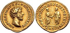 Roman Imperial Marcus Aurelius AV Aureus. Rome, March - December AD 161. IMP CAES M AVREL ANTONINVS AVG, bare head to right / CONCORDIAE AVGVSTOR TR P XV, emperor standing to right, holding roll, clas