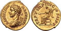 Roman Imperial Commodus AV Aureus. Rome, AD 180. L AVREL COMMODVS AVG, laureate, draped, and cuirassed bust to left / TR P V•IMP IIII COS II P•P, Victory seated to left, holding patera in right hand a