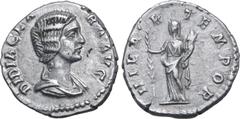 Roman Imperial Didia Clara (daughter of D. Julianus) AR Denarius. Rome, April-June AD 193. DIDIA CLARA AVG, draped bust to right / HILAR TEMPOR, Hilaritas standing to left, holding long palm and cornu