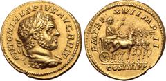Roman Imperial Caracalla AV Aureus. Rome, AD 213. ANTONINVS PIVS AVG BRIT, laureate and cuirassed bust to right / P M TR P XVI IMP II, Caracalla, laureate and draped, riding in triumphal quadriga to r