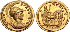 Roman Imperial Probus AV Aureus. Siscia, AD 279. VIRTVS PROBI AVG, helmeted and cuirassed bust to right, helmet decorated with Victory driving biga / P M TRI P, Emperor standing in car of slow quadrig