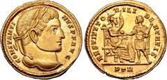 Roman Imperial Constantine I 'the Great' AV Solidus. Treveri, AD 314-315. CONSTANTINVS P F AVG, laureate head to right / RESTITVTORI LIBERTATIS, Roma enthroned to right, shield at side, holding sceptr