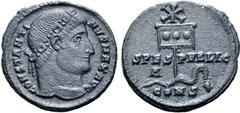 Roman Imperial Constantine I 'the Great' BI Nummus. Constantinople, AD 327. CONSTANTINVS MAX AVG, diademed head to right / Labarum, with three medallions on vexillum and surmounted by Christogram, pie