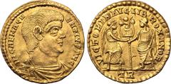 Roman Imperial Magnentius AV Solidus. Treveri, AD 350-353. IM CAE MAGNENTIVS AVG, bare-headed, draped and cuirassed bust to right / VICTORIA•AVG•LIB•ROMANOR, Victory standing to right, facing Libertas