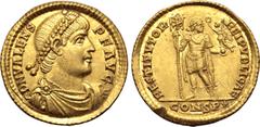 Roman Imperial Valens AV Solidus. Constantinople, AD 364. D N VALENS P F AVG, pearl-diademed, draped and cuirassed bust to right / RESTITVTOR REIPVBLICAE, emperor standing facing, head to right, holdi