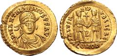 Roman Imperial Anthemius AV Solidus. Rome, AD 468. D N ANTHEMIVS P F AVG, helmeted, pearl-diademed, draped and cuirassed bust facing slightly to right, holding spear over shoulder / SALVS REIPVBLICAE,