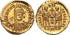 Maritime Anthemius AV Solidus. Rome, 12 April AD 467 - 11 July AD 472. D N ANTHEMIVS P F AVG, helmeted, pearl-diademed and cuirassed bust facing slightly to right, holding spear over shoulder and shie