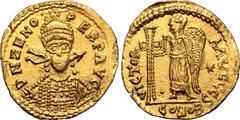 Maritime Julius Nepos AV Solidus. In the name of Zeno. Uncertain mint, AD 474-475. D N ZENO PERP AVG, helmeted, pearl-diademed and cuirassed bust facing, holding spear and shield decorated with horsem