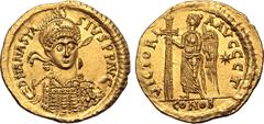 Maritime Anastasius I AV Solidus. Unidentified imperial mint, AD 492-507. D N ANASTASIVS P P AVG, helmeted and cuirassed bust facing slightly to right, cross on helmet, holding spear over shoulder and