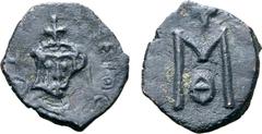Byzantine Basil I the Macedonian Æ 40 Nummi. Syracuse, circa AD 868-878. [Ь`ACIL]ЄIOC, bust facing, wearing crown and loros, holding globus cruciger and akakia / Large M, Θ below. BCI III 897 (this co