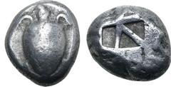 Greek Islands off Attica, Aegina AR Stater. Circa 525-475 BC. Sea turtle, head in profile, with 'T' design in pellets on shell / Incuse square with 'proto-skew' design. Meadows, Aegina, Group IIc; HGC