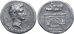 Roman Provincial Augustus AR Cistophorus of Pergamum. Circa 19-18 BC. IMP•IX•TR•PO•V•, bare head to right / Triumphal Arch of Augustus, surmounted by charioteer in facing quadriga, an aquila before ea