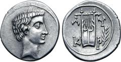 Roman Provincial Augustus AR Drachm of Cragus, Lycia. 27-20 BC. Bare head to right / Cithara; laurel branch in right field, Λ-Y and K-P across fields. RPC I 3307; Troxell, Lycian League, 111; SNG von 
