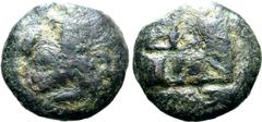 Roman Republic Anonymous Cast Æ Semis. Rome, circa 215-212 BC. Head of Saturn to left; S (retrograde, mark of value) behind / Prow to right; [S] (retrograde, mark of value) above. ICC 108; Crawford 41