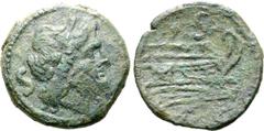Roman Republic Anonymous Æ Semis. Rome, after 211 BC. Laureate head of Saturn to right; S (mark of value) behind / Prow of galley to right; S (mark of value) above; ROMA below. Crawford 56/3; Sydenham