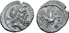 Roman Republic Cn. Nerius, L. Lentulus and Claudius Marcellus AR Denarius. Rome, 49 BC. Head of Saturn to right, harpa over shoulder; NERI[•Q•VRB] (ligate) downwards before / Aquila between two signa 
