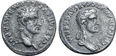 Roman Imperial Caligula, with Agrippina I, AR Denarius. Lugdunum, AD 37-38. C•CAESAR•AVG•GERM•P•M•TR•POT, laureate head of Caligula right / AGRIPPINA•MAT•C•CAES•AVG•GERM, draped bust of Agrippina righ