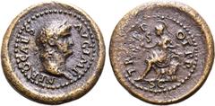Roman Imperial Nero Æ Semis. Rome, AD 62-68. NERO CAES AVG IMP, laureate head to right / TR POT P P, Roma seated to left on cuirass, holding wreath and parazonium, various arms behind; S above, SC in 