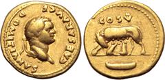 Roman Imperial Domitian, as Caesar, AV Aureus. Rome, AD 77-78. CAESAR AVG F DOMITIANVS, laureate head to right / She-wolf standing to left, suckling infants Romulus and Remus; COS V above, boat in exe