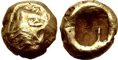 Greek Kingdom of Lydia, Alyattes Fourrée Hemihekte - 1/12 Stater. Sardes, circa 600-561 BC. Head of roaring lion to right, sunburst on forehead / Incuse square punch. Cf. GRPC Lydia G30; cf. Weidauer 