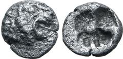 Greek Persia, Achaemenid Empire AR 1/48 Stater. Time of Kyros - Darios I, in the types of Kroisos. Sardes, circa 550-520 BC. Head of roaring lion to right / Irregular incuse punch. GRPC Lydia S13 = Na