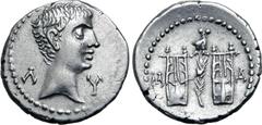 Roman Provincial Augustus AR Drachm of Masicytus, Lycia. 27-20 BC. Bare head to right; Λ-Υ across fields / Two citharas, with branch between, owl above and M-A to left and right. RPC I 3309c; Troxell,