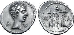 Roman Provincial Augustus AR Drachm of Masicytus, Lycia. 27-20 BC. Bare head to right; Λ-Υ across fields / Two citharas, with branch between, owl above and M-A to left and right. RPC I 3309c; Troxell,