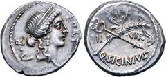 Roman Republic Q. Sicinius AR Denarius. Rome, 49 BC. Diademed head of Fortuna to right; P•R upwards behind, FORT before / Palm-branch and caduceus in saltire, laurel wreath above; III-VIR across field