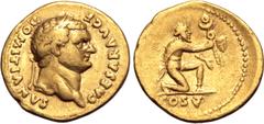Roman Imperial Domitian, as Caesar, AV Aureus. Rome, AD 77-78. CAESAR AVG F DOMITIANVS, laureate head to right / Parthian captive kneeling to right, offering up standard with vexillum; COS V in exergu