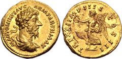 Roman Imperial Marcus Aurelius AV Aureus. Rome, AD 166-167. M ANTONINVS AVG ARM PARTH MAX, laureate, draped and cuirassed bust to right / TR P XXI IMP IIII COS III, Victory advancing to left, holding 