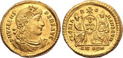 Roman Imperial Valens AV Solidus. Antioch, AD 372. Decennalia issue. D N VALENS PER F AVG, rosette-diademed, draped and cuirassed bust to right / GLORIA ROMANORVM, Roma enthroned facing, holding spear