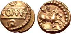 Spain, Gaul and Celtic Britannia, the Atrebates & Regni AV 1/4 Stater. Verica, AD 10-40. COM F within tablet, pellet within annulet above and below; all within beaded border / Horse galloping to right