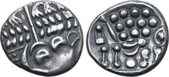 Spain, Gaul and Celtic Britannia, Durotriges. Cranborne Chase AR Stater. 58 BC - AD 43. Wreath, cloak and crescents / Disjointed horse to left, with rectangular head, body of crescents, four vertical 