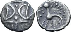 Spain, Gaul and Celtic Britannia, Iceni. Ecen AR Unit. Ecen Symbol type. Circa AD 10-43. Double crescent emblem / Horse rearing to right, with dashes for mane; pellets below. ABC 1681; Van Arsdell 754