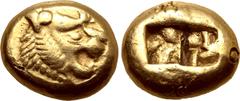 Greek Kingdom of Lydia, Alyattes EL Trite - 1/3 Stater. Sardes, circa 600-561 BC. Head of roaring lion to right, sunburst with five(?) rays on forehead / Two incuse square punches. GRPC Lydia G25; Wei