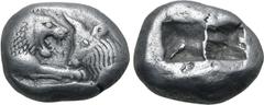 Greek Kingdom of Lydia, Kroisos AR Stater - Double Siglos. Sardes, circa 561-546 BC. Confronted foreparts of lion to right and bull to left / Two incuse squares of unequal size. GRPC Lydia S1; Berk 20